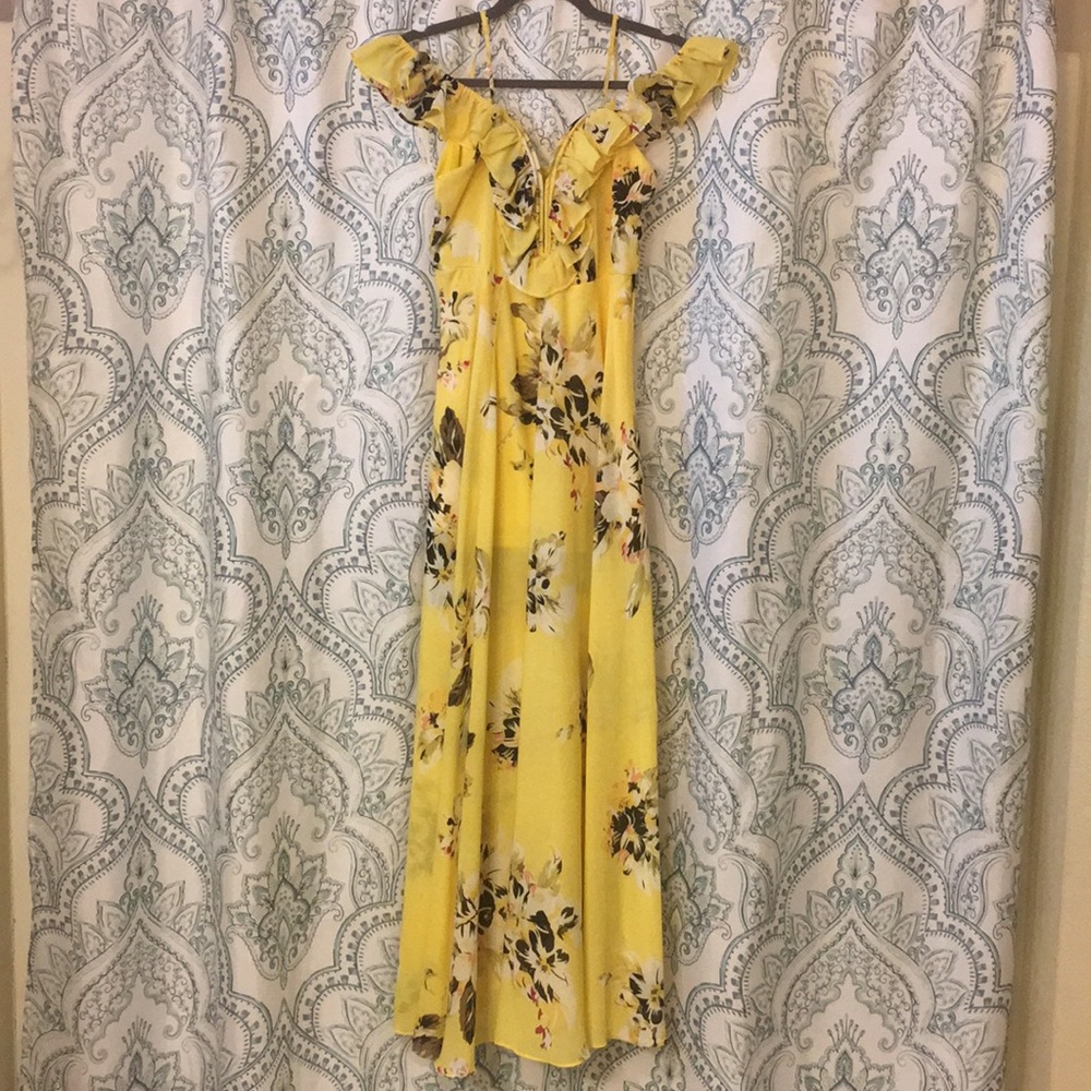 Yellow Cold Shoulder Maxi Dress with Side Slit